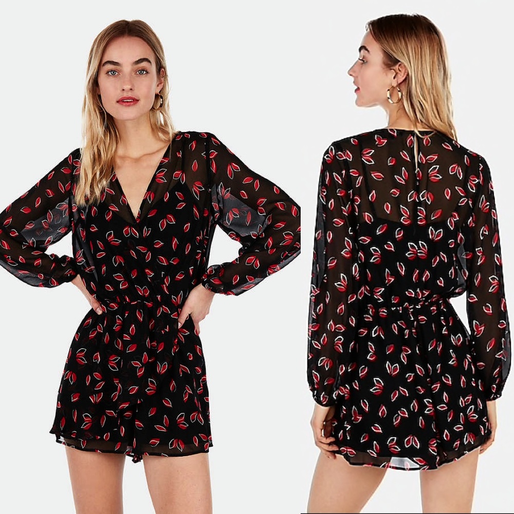EXPRESS Printed Surplice Ruffle Front Sheer Romper
